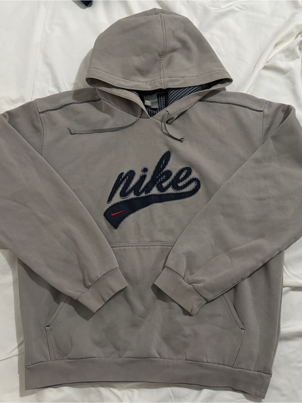 Nike Men's Hooded Pullover Sweatshirt in Taupe with Navy Script